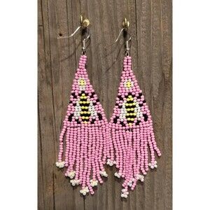 Handmade Beaded Earrings Drop / Dangle Fun Gift 4.5in Drop Pink with Yellow Bee